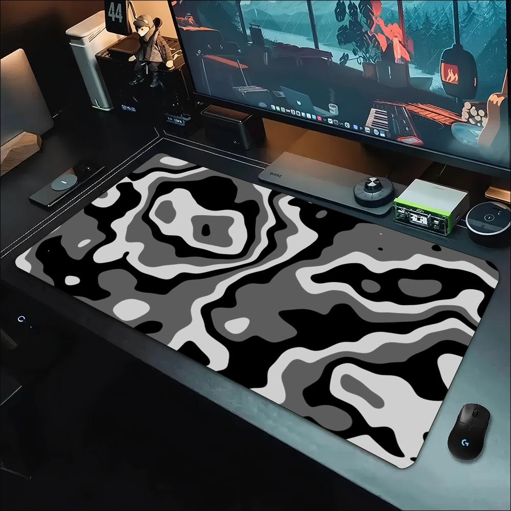Desk Setup Gaming And Work - Gri Beyaz Topografik Dalgacık Desenli Dikişli