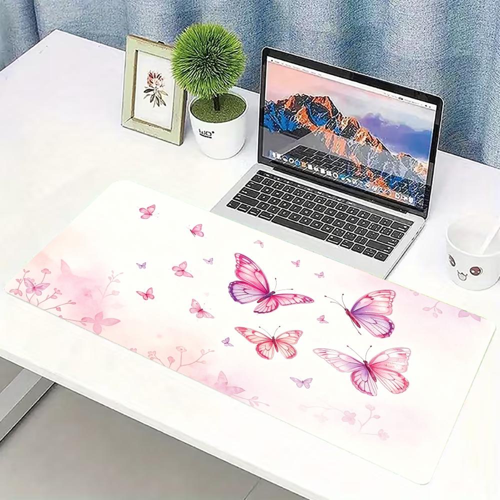 Desk Setup Keyboard - Sulu Boya Pembe Kelebek Desenli Büyük